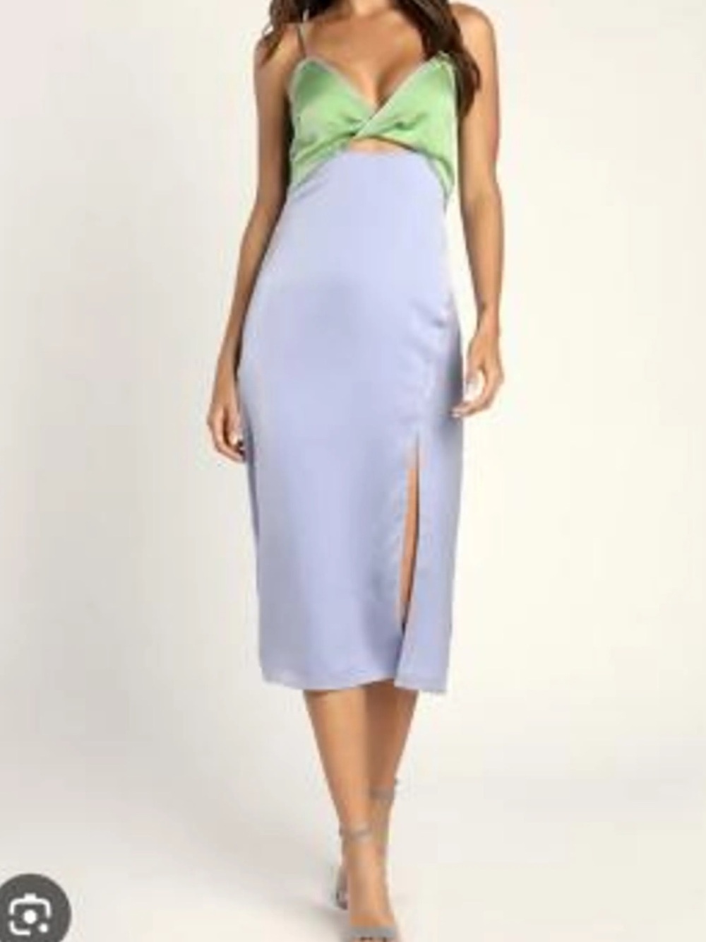 Lulu's Green & Periwinkle Satin Colorblock Midi Dress
